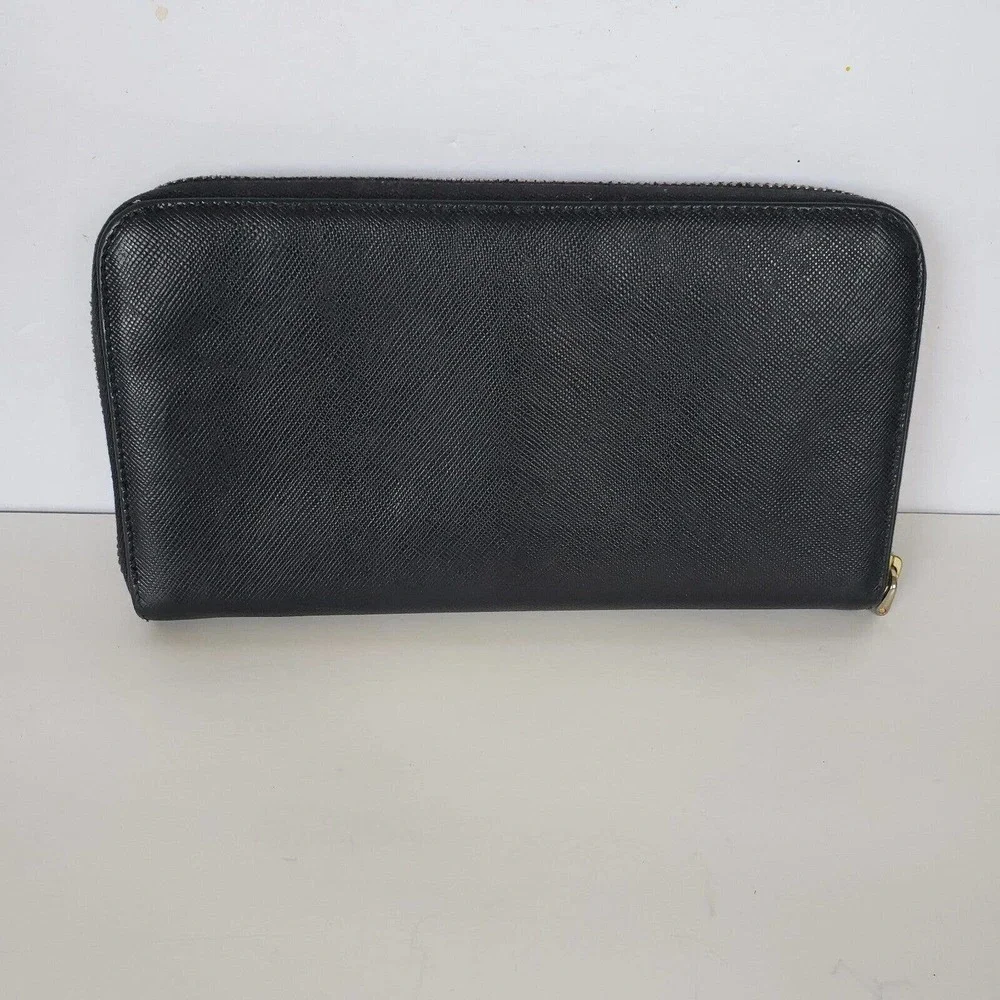 Prada Long Wallet Leather Zipper Black Zip Around Italy Continental Logo Clutch - Picture 3 of 13